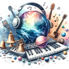 Vibrant Watercolor Illustration of a World Music Day Music-themed design with musical instrument