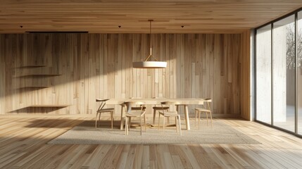 Title: Interior space of wooden dining room, minimal, 3D render, 