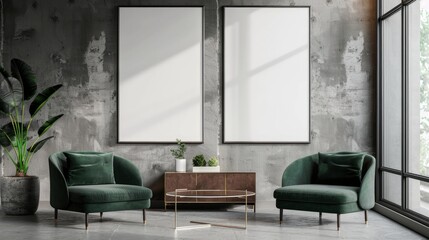 Two empty white banners on grey background near wall with lining. Dark green armchair of the waiting room interior. Glass brown coffee table. 