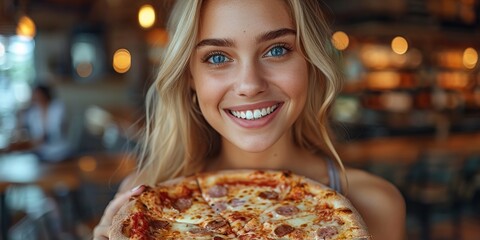 In a bustling restaurant, a blonde lady enjoys a delicious pizza, radiating happiness and enjoyment. - Powered by Adobe