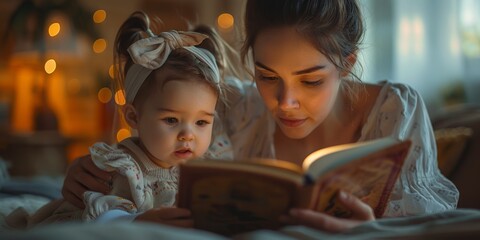 A mother reads a magical fairy tale to her daughter, bonding over stories in their cozy bedroom. © Iryna