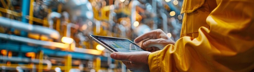 Closeup of an engineers hands holding a tablet with data analytics, with the oil rigs complex machinery in the background