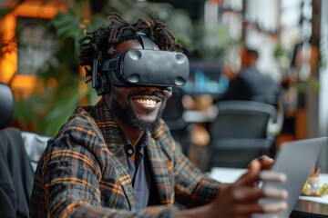 An African gamer immersed in entertainment, wearing a virtual reality headset, playing games on a laptop.