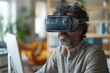 A mature man enjoys futuristic virtual reality entertainment at home, immersed in a simulation game.