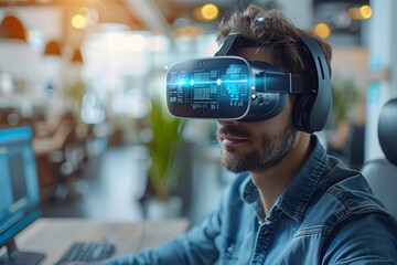 In a futuristic office, a manager explores virtual reality technology, immersing in a digital simulation.