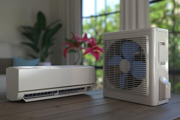 Detailed 3D animation of climate control technologies with an air conditioner and heater side by side