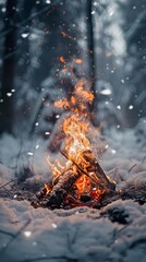 Detailed view of a campfire surrounded by snow, capturing the essence of winter camping