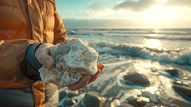 Marine biologist holding a chunk of ambergris found on the beach, with ocean waves in the background, educational setting