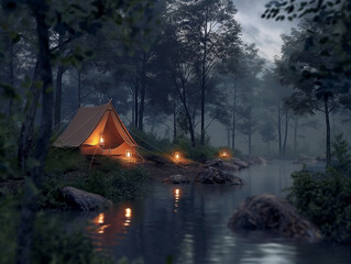 A tent in the forest in a night. The light from the lantern in a tent. Camping in the wild nature
