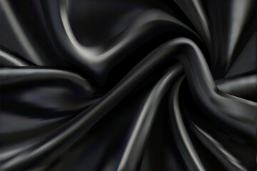 Fototapeta premium Black satin silk luxury material cloth with curves and folds.Horizontal Draped smooth silky textile. Luxury 3D background for banner, presentation, poster, advertising design.Vector illustration
