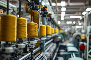 A textile factory with yellow thread spools on machines, showcasing industrial efficiency and large-scale production