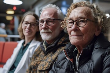Three people are sitting together, one of them wearing a white coat. The other two people are older men. They are all wearing glasses