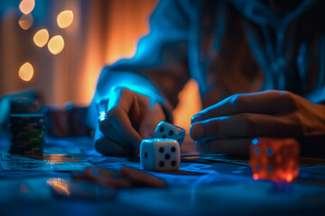 person is playing a game of dice with two dice in their hand. The image has a moody and mysterious atmosphere, with the person's hand holding the dice and the surrounding environment - Powered by Adobe