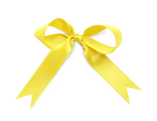 Beautiful yellow ribbon tied in bow isolated on white, top view