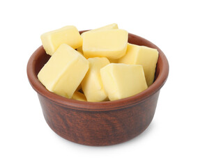 Tasty butter cubes in bowl isolated on white