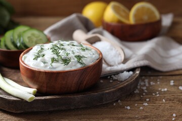 Delicious yogurt, green onion, dill and cucumbers on wooden table, closeup