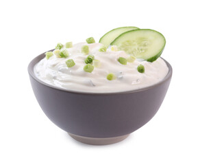 Delicious yogurt with green onion and cucumbers in bowl isolated on white