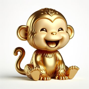 horizontal left to right a 3d gold monkey with happy face, white background