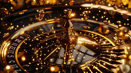 Fototapeta premium Golden roulette wheel with sparkling lights and bokeh effect