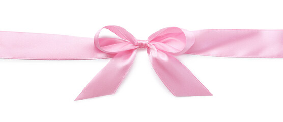 Pink satin ribbon with bow on white background, top view