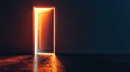 Mysterious glowing open door in dark room