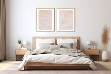 Poster mockup in modern coastal style bedroom interior with sofa. Frame mock up
