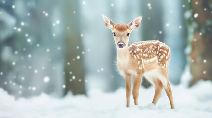 White-tailed cute baby deer in winter snowy forest