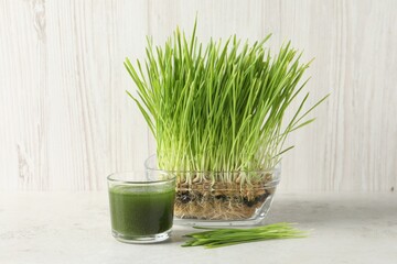 Wheat grass drink in glass and fresh sprouts on light table