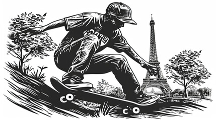 A man is skateboarding down a hill with the Eiffel Tower in the background