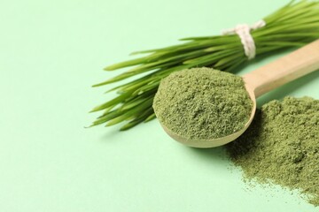 Wheat grass powder and fresh sprouts on green table, closeup. Space for text