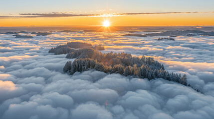   The sun is setting over the clouds in the sky above the forest of trees in the foreground