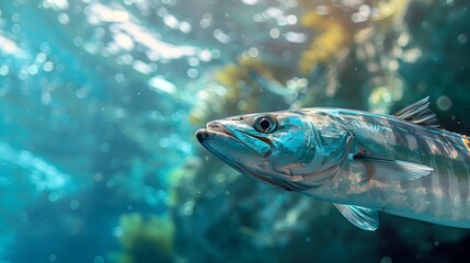 Fototapeta premium Fierce Barracuda Predator Swimming in Vibrant Underwater Seascape