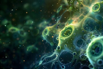 Glowing Cellular Cosmos Captivating Microscopic Digital Artwork