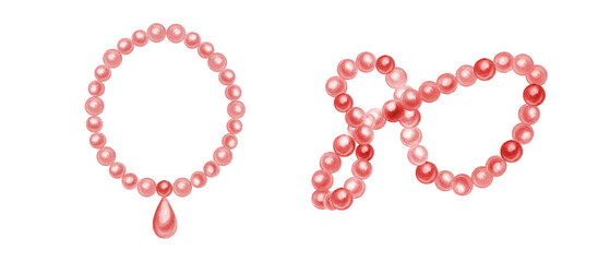 Sea pearl beads. Set of pink necklace. Female accessories for party. Bijouterie and jewelry. Watercolor illustration. For holiday design, invitation, greetings
