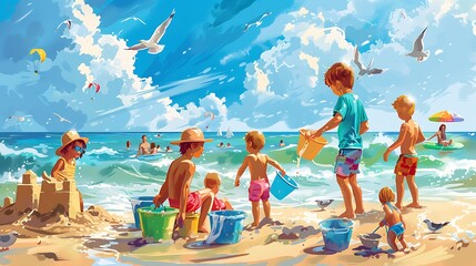 A painting of a beach scene with children playing in the sand and water