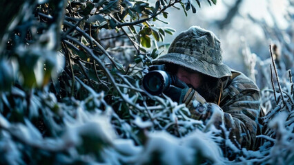 A wildlife photographer hides to capture the scene.