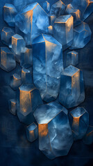 Intricate Blue Geometric Layers with Golden Accents Illuminated Against Dark Blue Backdrop Abstract