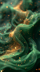 abstract fractal background with space Luxurious 3D Green Wave Lines with Shiny Gold 