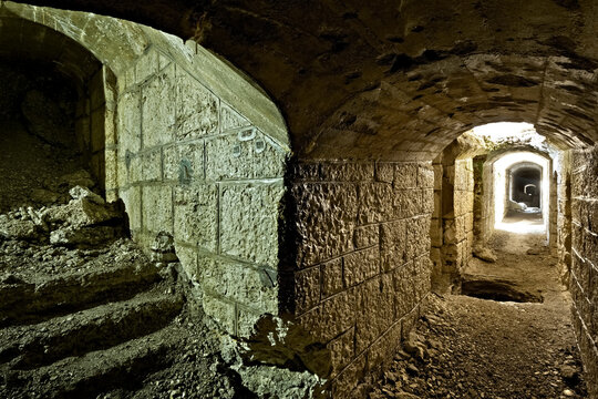 Forte Dosso delle Somme: corridors and internal floors of the Habsburg fortress of the Great War. Serrada, Folgaria, Alpe Cimbra, Trentino, Italy.