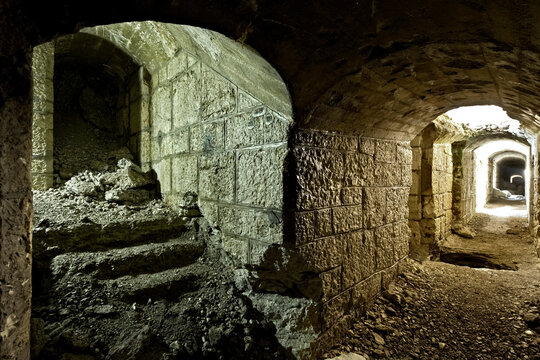 Forte Dosso delle Somme: corridors and internal floors of the Habsburg fortress of the Great War. Serrada, Folgaria, Alpe Cimbra, Trentino, Italy.
