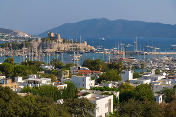 Beautiful scenery on Bodrum, yachts, castle in the sunset, Turkey