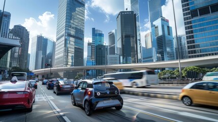 A convoy of modern electric cars navigating through a bustling city center,with skyscrapers towering overhead and a sense of urban vibrancy in the air