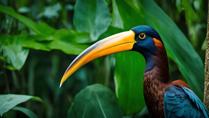 Fototapeta premium Colorful Toucan Perched in Lush Greenery - A Glimpse into the Vibrant Tropical Rainforest