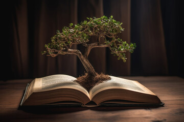 A bonsai tree emerges from the pages of an open book, showcasing the unique combination of nature and knowledge
