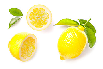 Fresh lemons with leaves isolated on white background. Top view. Flat lay pattern.