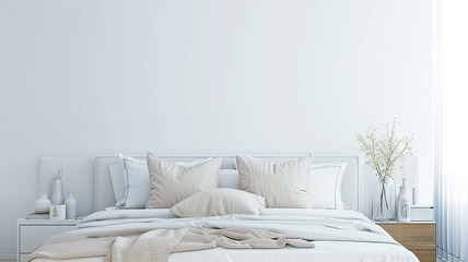 Cozy soft light bed with pillows, modern bedroom design in pastel colors