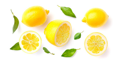 Fresh lemons with leaves isolated on white background. Top view. Flat lay pattern.