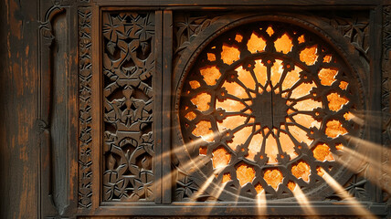 Wooden patterned partitions with a beautiful ornament in the sunlight close-up
