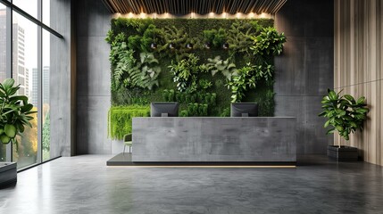 office lobby with green wall, concrete reception desk, and large windows, view window light bright airy
