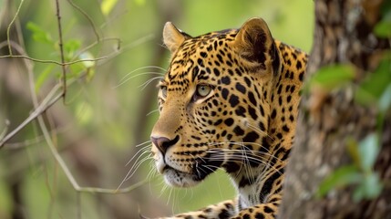 leopardess is looking out from behind tree with focused and intense gaze, conveying sense of stealth, power, and vigilance, focus concentration alertness danger threat
